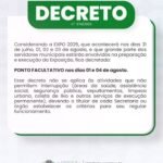 Prefeitura de Cardoso Moreira (RJ) decreta ponto facultativo nos dias 1º e 4 de agosto devido à Expo 2025