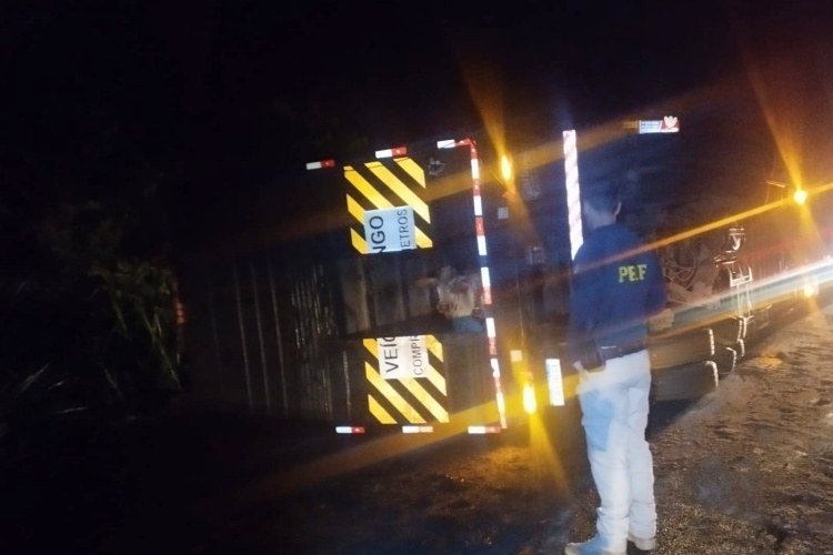 Carreta com 72 bois tomba na BR-116 em Leopoldina; motorista fica ferido