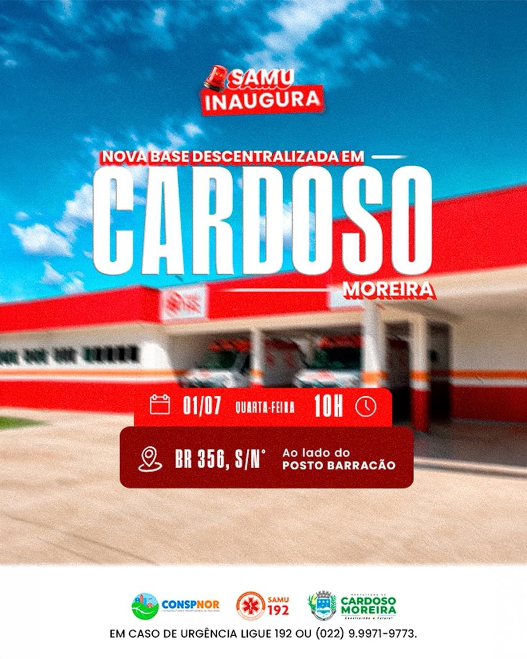 Cardoso Moreira inaugura nova Base Descentralizada do SAMU 192 na próxima quarta-feira (01)