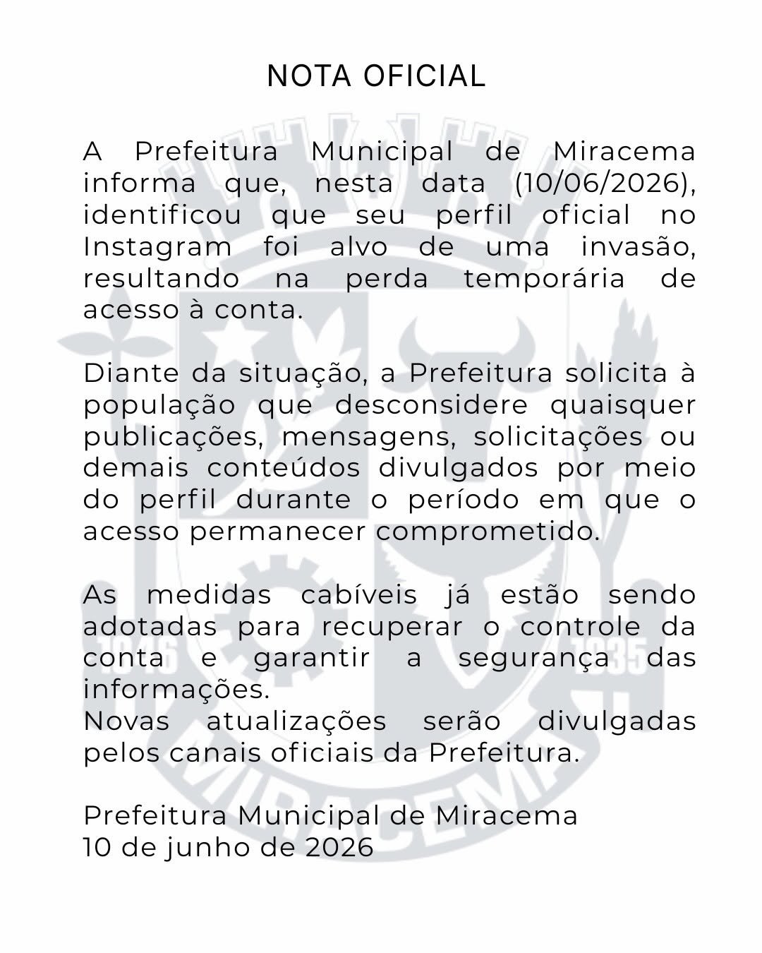 Prefeitura de Miracema alerta sobre invasão de perfil oficial no Instagram