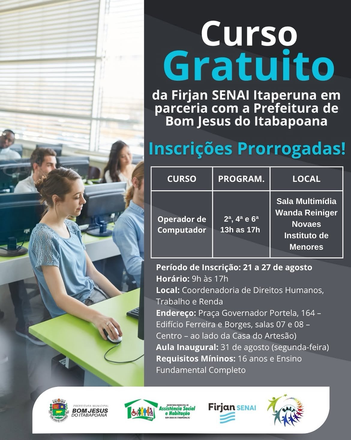 Bom Jesus do Itabapoana prorroga inscrições para curso gratuito de Operador de Computador