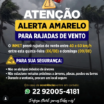 Defesa Civil de Porciúncula (RJ) emite alerta amarelo para rajadas de vento de até 60 km/h