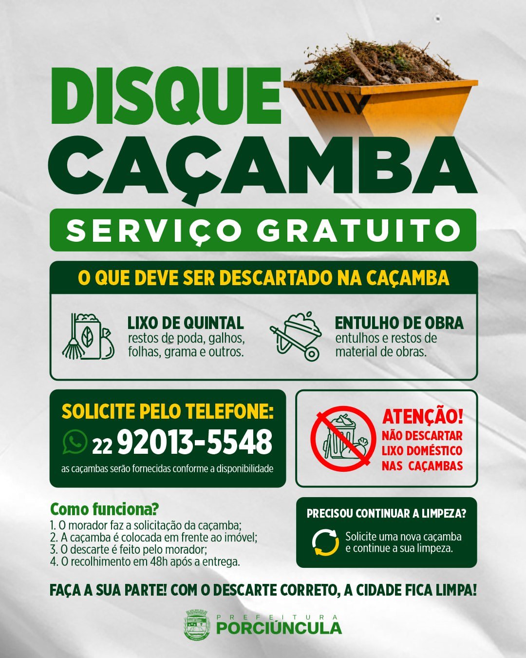 Prefeitura de Porciúncula mantém serviço gratuito para recolhimento de entulho