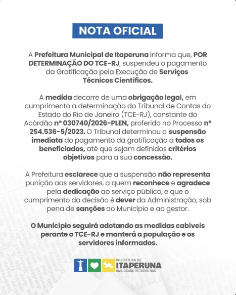 Prefeitura de Itaperuna (RJ) suspende o pagamento da Gratificação pela Execução de Serviços Técnicos Científicos