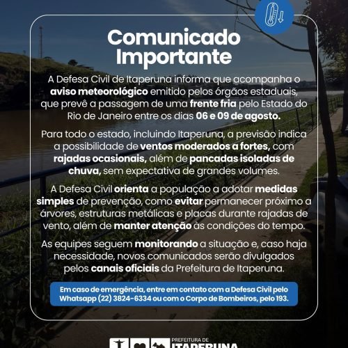 Defesa Civil alerta para possibilidade de ventos fortes e chuva isolada em Itaperuna até sábado (08)