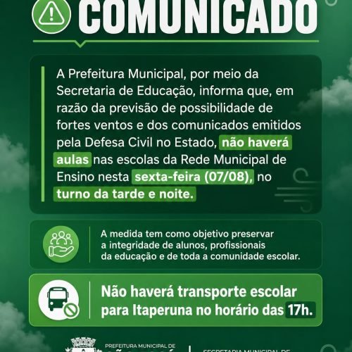 São José de Ubá suspende aulas da tarde e da noite por previsão de ventos fortes