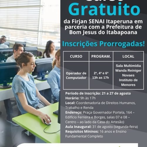 Bom Jesus do Itabapoana prorroga inscrições para curso gratuito de Operador de Computador