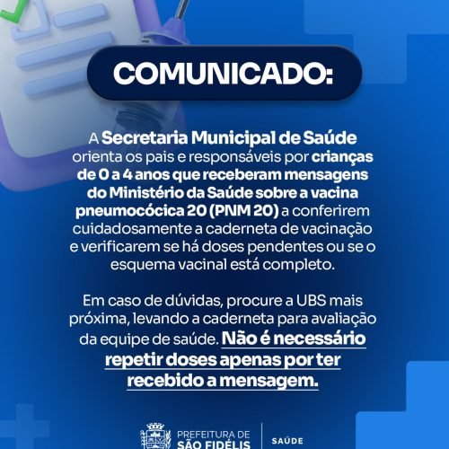 São Fidélis orienta pais a conferirem caderneta de vacinação após mensagens sobre vacina Pneumo 20