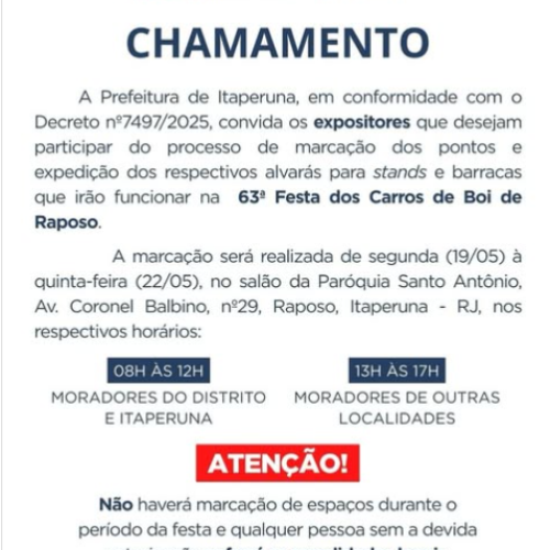 Prefeitura de Itaperuna(RJ) convoca expositores para marcação de pontos da 63ª Festa dos Carros de Boi de Raposo