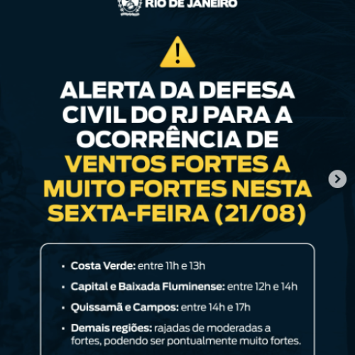Defesa Civil do Rio de Janeiro alerta para ventos fortes nesta sexta-feira (21)