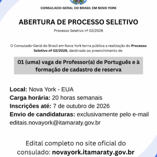 Consulado-Geral do Brasil em Nova York abre seleção para professor de língua portuguesa
