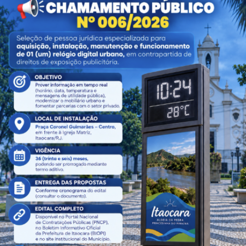 Prefeitura de Itaocara (RJ) abre edital para instalação de relógio digital