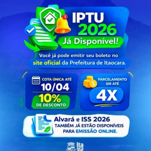 IPTU 2026 em Itaocara: Cota única com desconto de 10% vence em 10 de abril