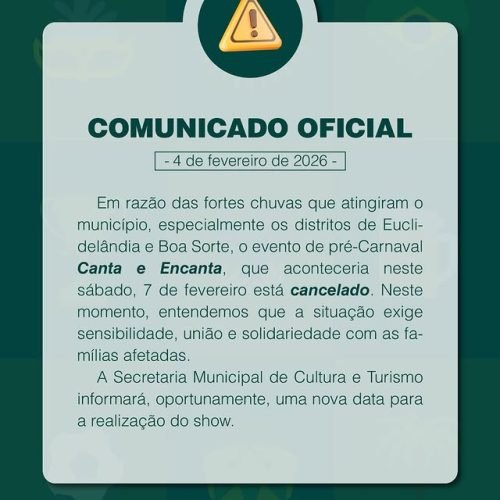 Prefeitura de Cantagalo cancela evento de pré-Carnaval após fortes chuvas nos distritos
