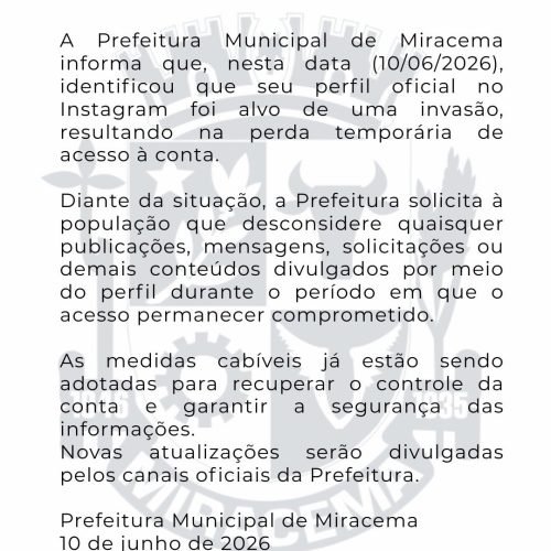Prefeitura de Miracema alerta sobre invasão de perfil oficial no Instagram